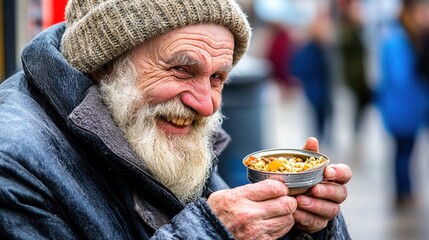 Homeless man eating canned food on street, poverty and survival scene