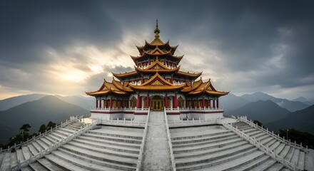Obraz premium Traditional Chinese temple with golden roof in mountain landscape illustration