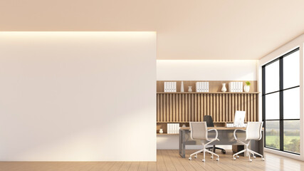 Empty room with manager's desk and chair set, wooden slat wall and built-in wooden cabinet. 3d rendering