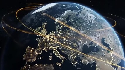 Aerial view of Earth showcasing illuminated Europe at night with satellite orbit path in background - Powered by Adobe