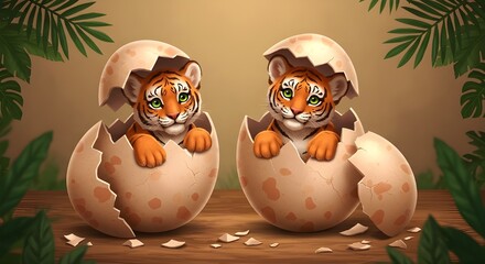 Cute baby tiger cubs hatching from giant egg in jungle fantasy concept