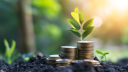 A stack of coins with a growing plant, symbolizing financial growth and investment.