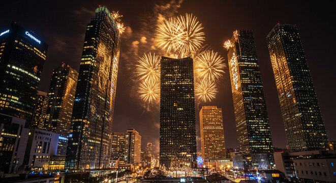 A dazzling display of fireworks illuminates the night sky above the city skyline, creating a stunning spectacle of lights and colors. The tall buildings reach towards the explosions