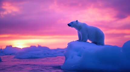 A polar bear stands atop an iceberg, gazing into the distance under a vibrant pink and purple sunset sky.