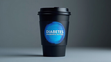 Diabetes awareness matters is a concept for promoting health and wellness, featuring a coffee cup with a blue circle and text, symbolizing the importance of managing diabetes and blood sugar levels