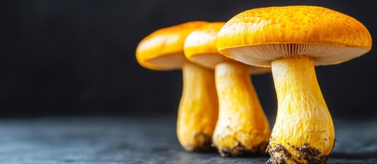 Three golden mushrooms stand in a row against a dark, textured background, showcasing their detailed structure.