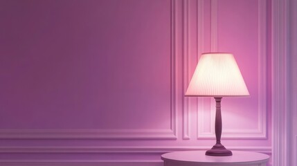 A lit lamp sits on a round table against a purple wall with decorative molding, creating a warm, inviting atmosphere.