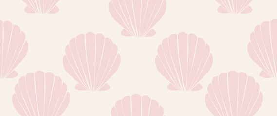 Flat illustration. Seamless sea shells. Relaxation concept. In cartoon style. Cute print. Ideal for gift wrapping, posters, covers, screensavers, textile decor, etc.