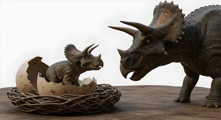 Fototapeta premium Baby triceratops hatching from egg with mother dinosaur in 3D illustration