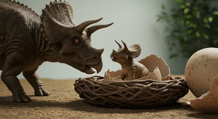 Fototapeta premium Baby triceratops hatching from egg with mother dinosaur in 3D illustration