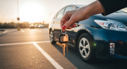 Keys to a new car in a parking lot.