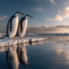 Fototapeta premium Two penguins standing on ice floe, calm water reflection, arctic landscape, serene sky, wildlife, cold environment, peaceful mood