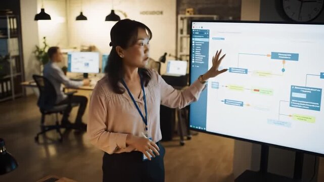 Businesswoman Presents Workflow Chart to Team in Modern Office Environment
