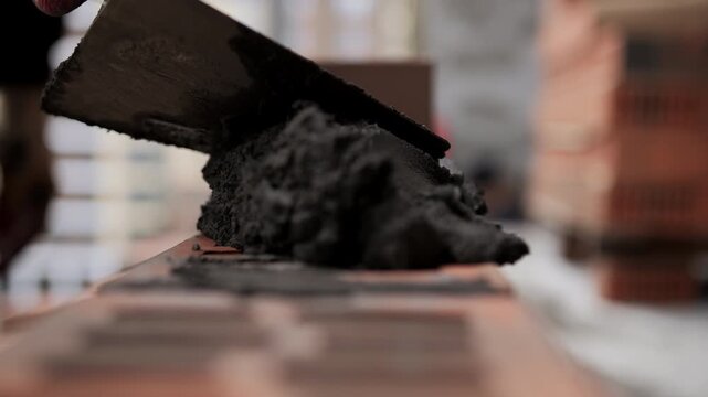 Bricklayer applying mortar on brick with trowel