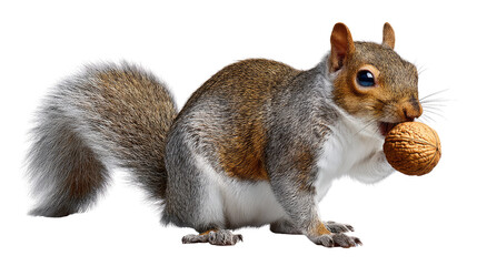 Obraz premium Squirrel and Nut: a close-up image of a squirrel, with its textured fur, is captured mid-action. The focus is on the squirrel holding a walnut in its mouth.