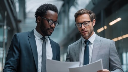 Two focused businessmen analyze document together in modern office during daytime