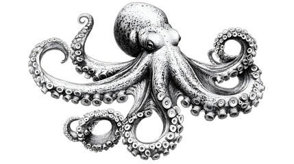 Detailed grayscale illustration of an octopus