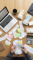 Fototapeta premium Woman analyzing receipts for financial planning. Home budget management and personal finance tracking. Concept of savings and taxes.