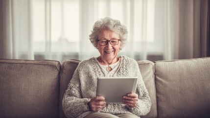 Elderly Woman Using Tablet on Couch