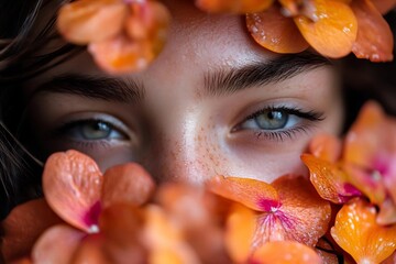 Captivating gaze: a portrait of beautiful blue eyes framed by vibrant orange petals