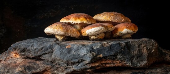 Close-up of several mushrooms resting on a dark rock surface.