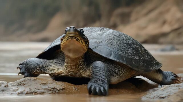 Yangtze giant softshell turtle in muddy riverbank habitat, rare and ancient species in natural environment