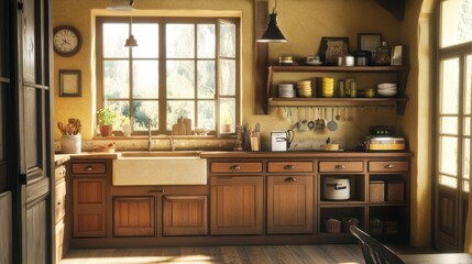 Rustic Wooden Kitchen with Farmhouse Sink and Natural Light