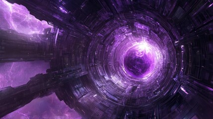 A swirling purple energy vortex within a futuristic, cylindrical structure, surrounded by towering, dark architecture.