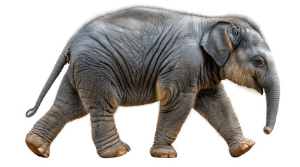 Fototapeta premium Elephant's Gentle Journey: A precious baby elephant, with its wrinkly gray skin and expressive eyes, walks in a world, evoking a sense of curiosity and innocence