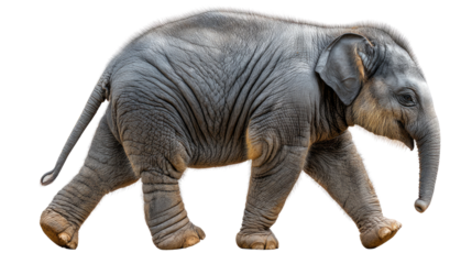 Elephant's Gentle Journey: A precious baby elephant, with its wrinkly gray skin and expressive eyes, walks in a world, evoking a sense of curiosity and innocence
