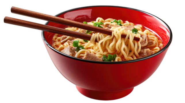 Noodle Bowl with Chopsticks: A vibrant red bowl overflows with delicious noodles, expertly paired with chopsticks for a taste of culinary artistry.