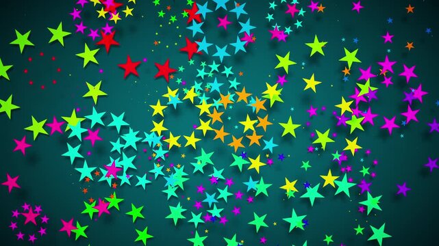 Animation of bright, colorful stars spinning and floating on a dark background in an endless loop. A fun, dynamic background for holidays, videos, intros, and kids content. Looped animation.