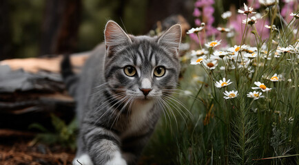 Fototapeta premium Grey tabby cat white chest green eyes walking outdoors among wildflowers, natural light, curious expression, spring garden