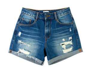  Side Profile of Distressed High-Waisted Denim Shorts with Torn Pockets and Frayed Hem, Isolated