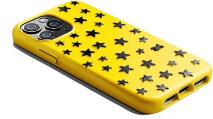 Stylish Phone Case with Star Pattern: An eye-level, highly detailed shot of a smartphone, protected in a striking case with a captivating star pattern and a vibrant color palette.
