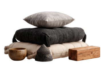 Stacked gray and black throw pillows, meditation accessories