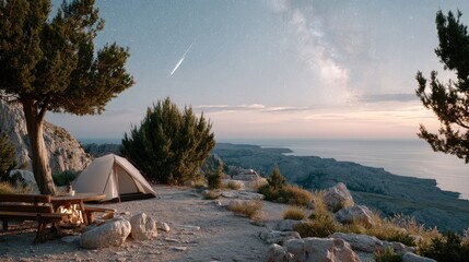 Starry Night Camping Overlooking Ocean Coastline