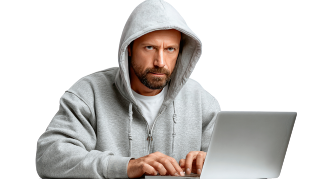 The Cyber Enigma: A focused individual, cloaked in a grey hooded sweatshirt, engages with a laptop, their eyes intensely fixed on the screen. Suggesting digital security and internet activities