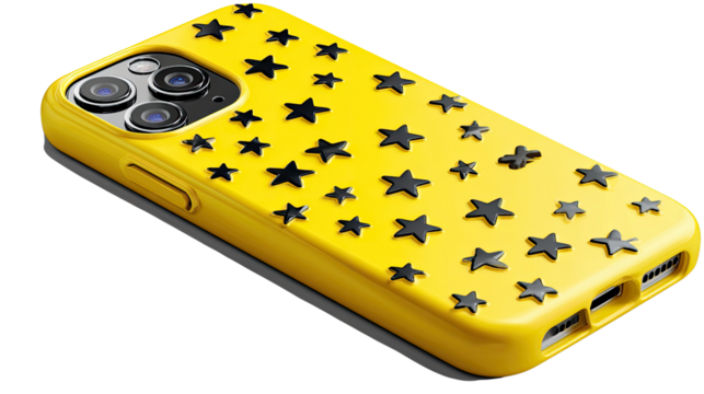 Stylish Phone Case with Star Pattern: An eye-level, highly detailed shot of a smartphone, protected in a striking case with a captivating star pattern and a vibrant color palette.