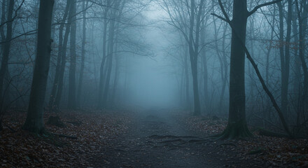 Fototapeta premium A mysterious misty pathway leading into an eerie forest. The trees are bare, creating a sense of desolation. The fog obscures the distance, adding an element of intrigue
