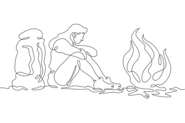 Continuous single line drawing woman sitting by the fire.Linear design. One continuous line isolated minimalist illustration. Not AI.