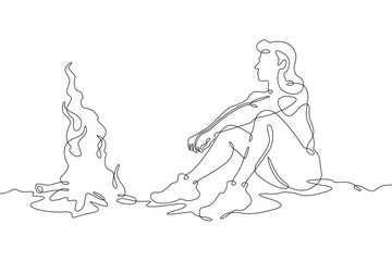 Continuous single line drawing woman sitting by the fire.Linear design. One continuous line isolated minimalist illustration. Not AI.