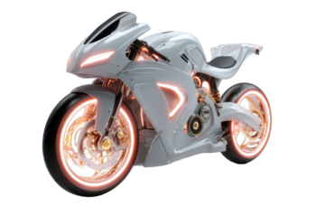 Futuristic white motorcycle with glowing orange rims