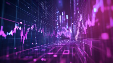 Abstract representation of financial data with glowing lines and graph patterns in purple and blue.