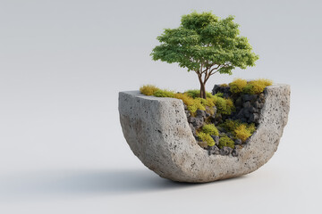 Miniature tree and moss growing in half concrete sphere on white background