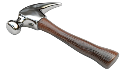 A metallic claw hammer with a wooden handle