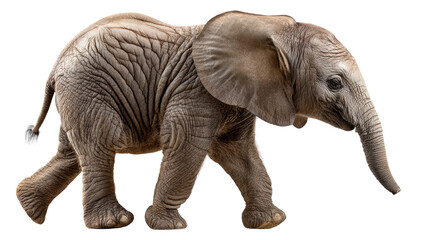 Fototapeta premium Elephant calf on the move: A charming young elephant, with its textured skin and trunk held high, strides forward, displaying the grace and power of the African savanna in its every step.