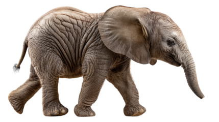 Elephant calf on the move: A charming young elephant, with its textured skin and trunk held high, strides forward, displaying the grace and power of the African savanna in its every step.