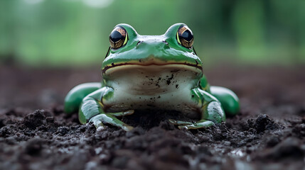 Obraz premium Green frog on earthy ground