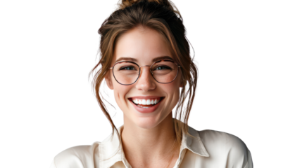Radiant Smile: A portrait of a happy individual, radiating joy and confidence, her eyewear frame her smiling face with natural expression and warm eyes.